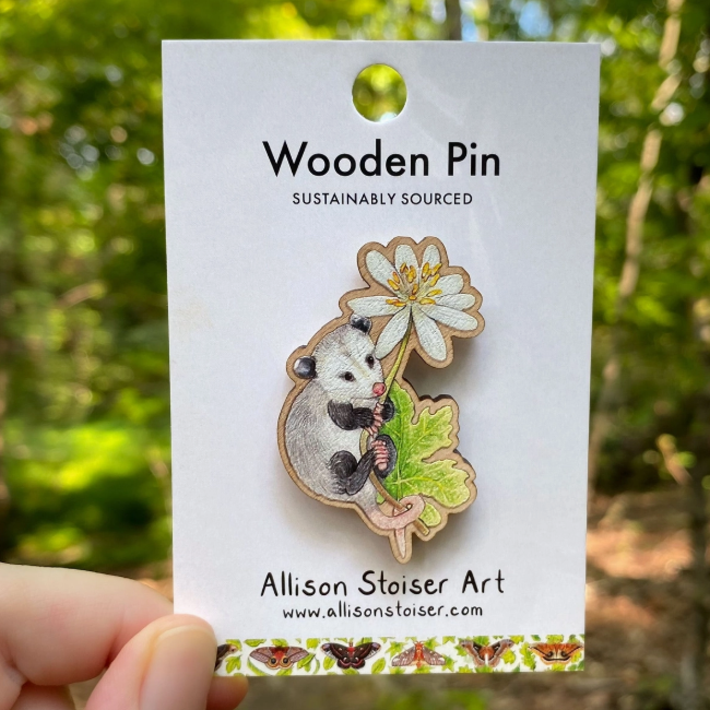 Opossum and Bloodroot Wooden Pin (Sustainably Sourced)
